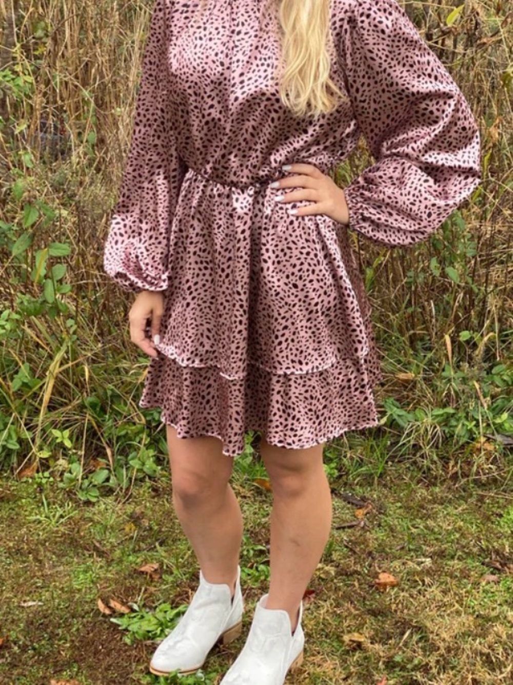 Peach Love Metallic Rose Pink Leopard Spot Knee Length Midi Dress Shiny Tiered M - Picture 2 of 13